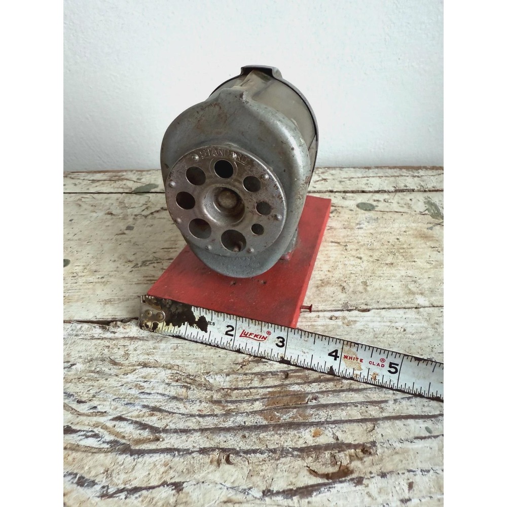 Vintage Pencil Sharpener on Wooden Base Metal Red Manual Desk Accessory - Picture 9 of 9